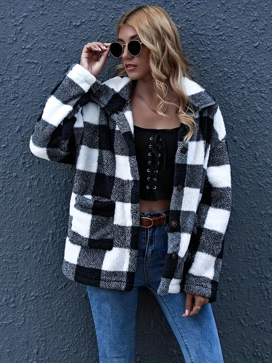 Antmvs Plus Size Casual Coat, Women's Plus Plaid Patterned Long Sleeve Lapel Collar Button Up Teddy Coat With Pockets