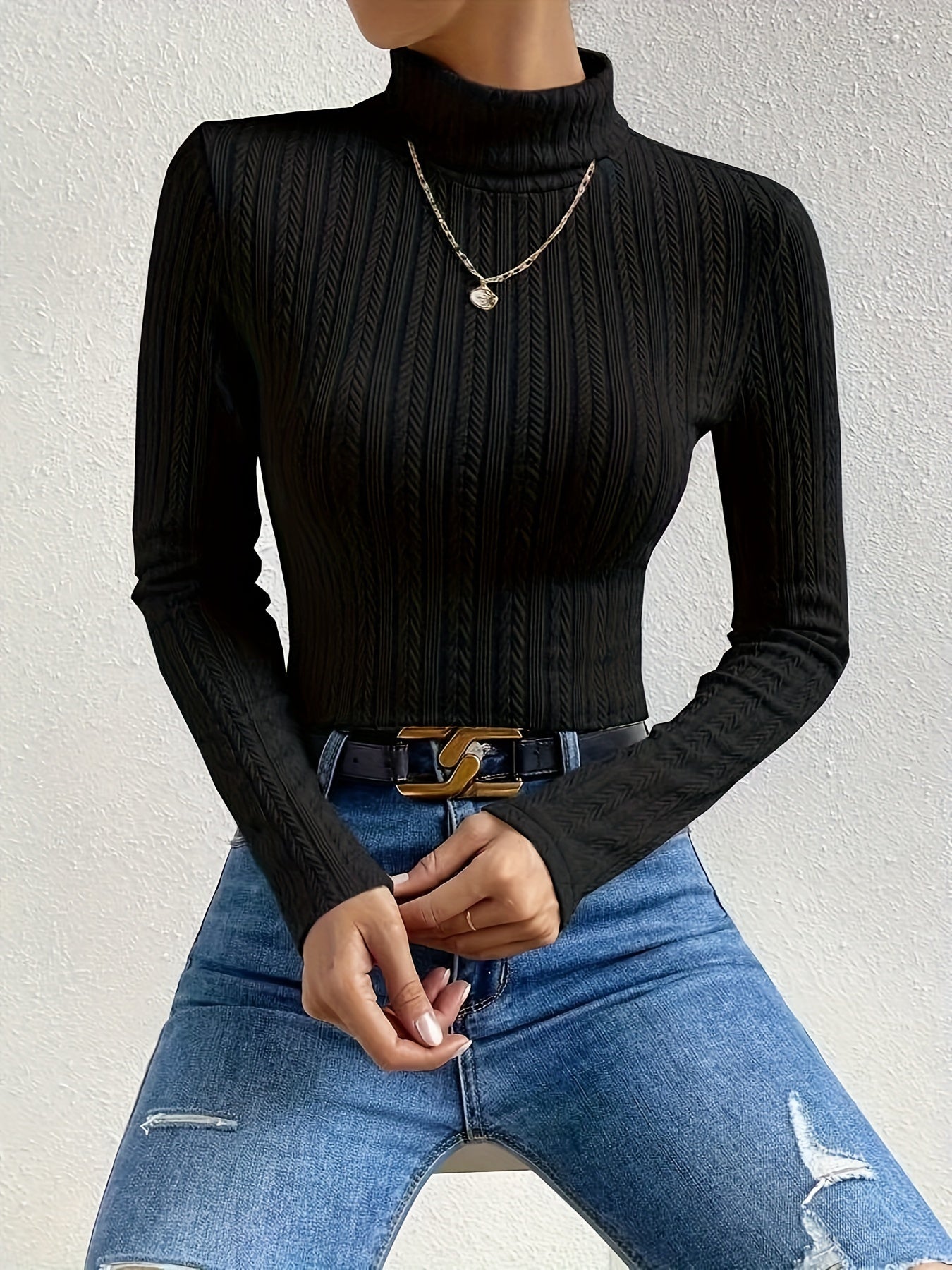 Antmvs Solid Turtleneck Textured T-shirt, Versatile Long Sleeve Slim T-shirt For Fall & Winter, Women's Clothing