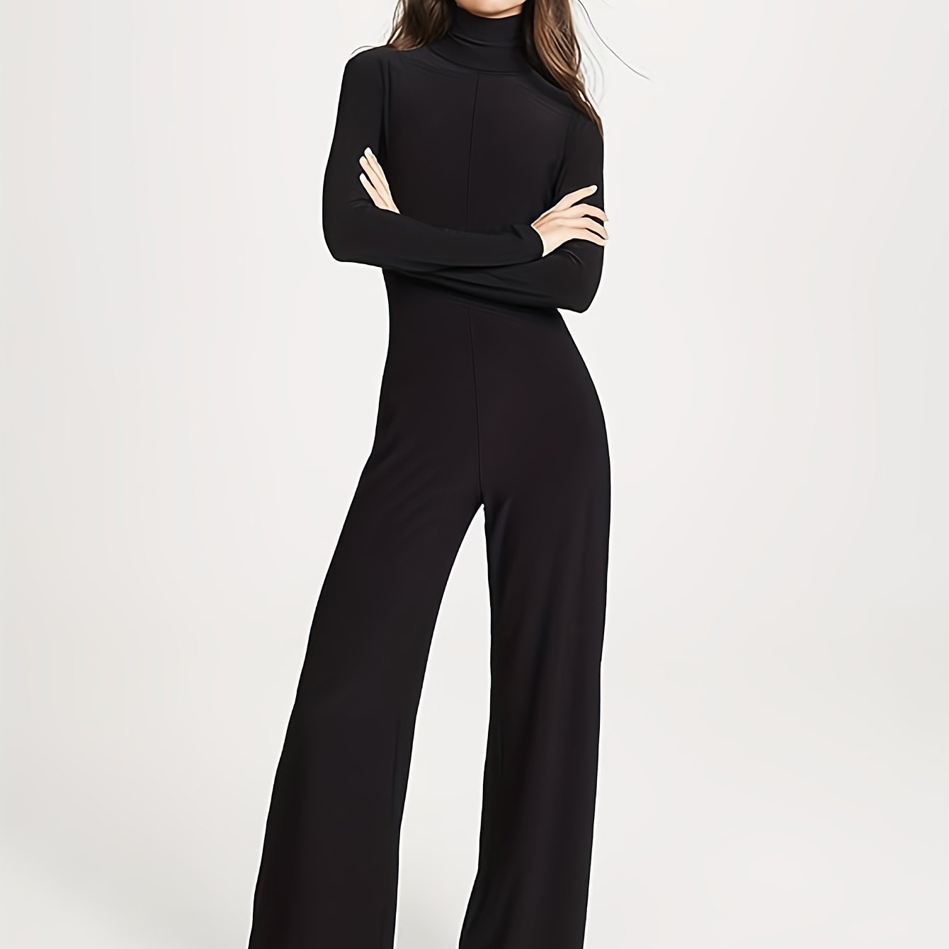 Antmvs Mock Neck Wide Leg Jumpsuit, Casual Long Sleeve Jumpsuit For Spring & Fall, Women's Clothing