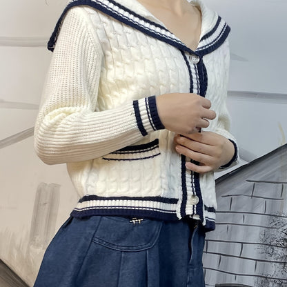 Antmvs Contrast Trim Button Down Knit Cardigan, Cute Sailor Collar Long Sleeve Sweater, Women's Clothing