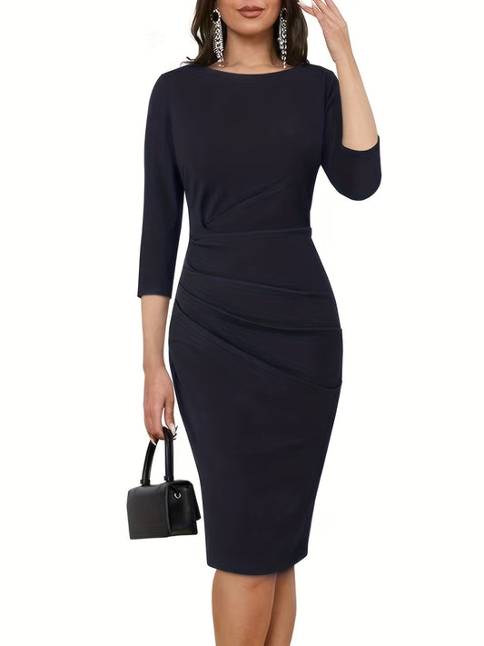 Antmvs Solid Crew Neck Bodycon Dress, Elegant 3/4 Sleeve Ruched Midi Dress, Women's Clothing