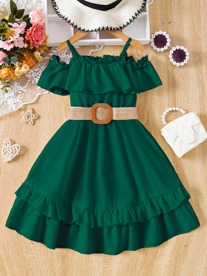 Charming Girls Solid Ruffle Trim Dress - Fashionable Belted Waist for Summer Parties & Holidays - Premium Quality, Comfortable, Ideal Gift