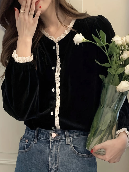 Antmvs Lace Stitching V-neck Velvet Blouse, Vintage Long Sleeve Button Front Blouse For Spring & Fall, Women's Clothing