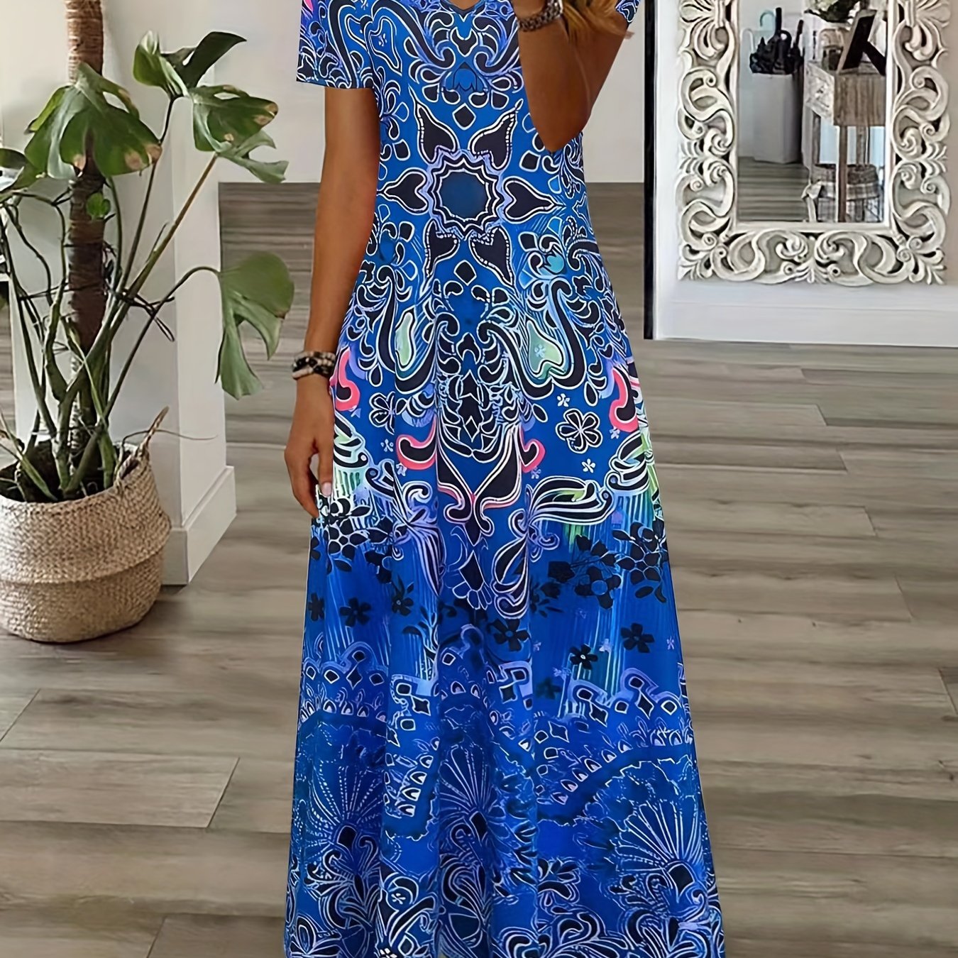 Antmvs Ethnic Floral Print Dress, Boho V Neck Short Sleeve Maxi Dress, Women's Clothing