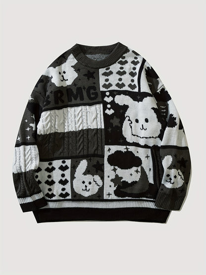 Antmvs Cartoon Rabbit Pattern Knitted Sweater, Men's Casual Warm Slightly Stretch Round Neck Pullover Sweater For Fall Winter