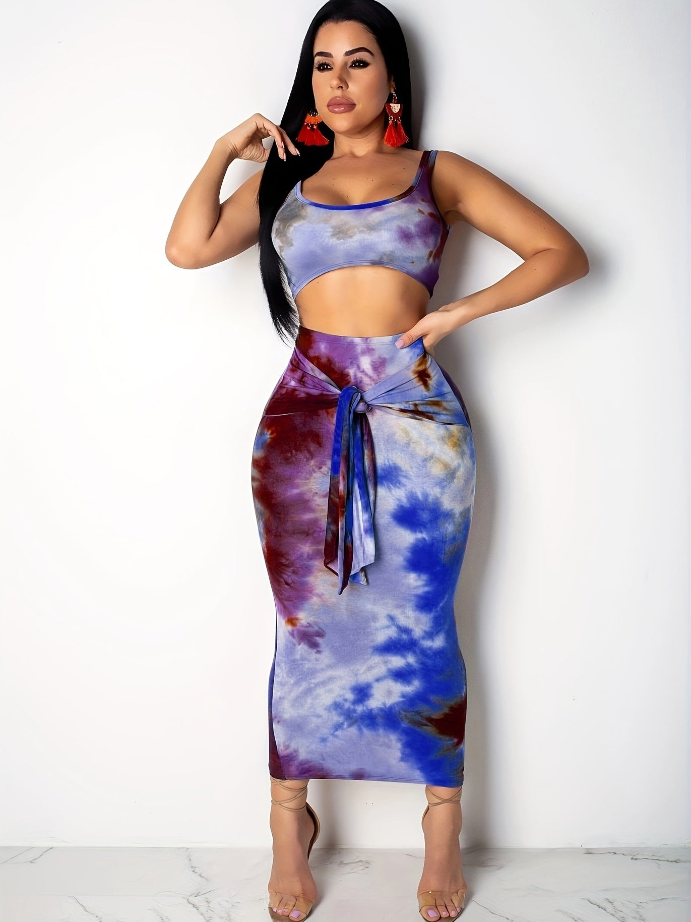 Antmvs Tie Dye Print Two-piece Skirt Set, Crew Neck Crop Tank Top & Tie Front Bodycon Skirt Outfits, Women's Clothing