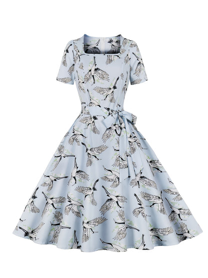 Antmvs Crane Print Tie Front Dress, Elegant Vintage Square Neck Short Sleeve Dress, Women's Clothing