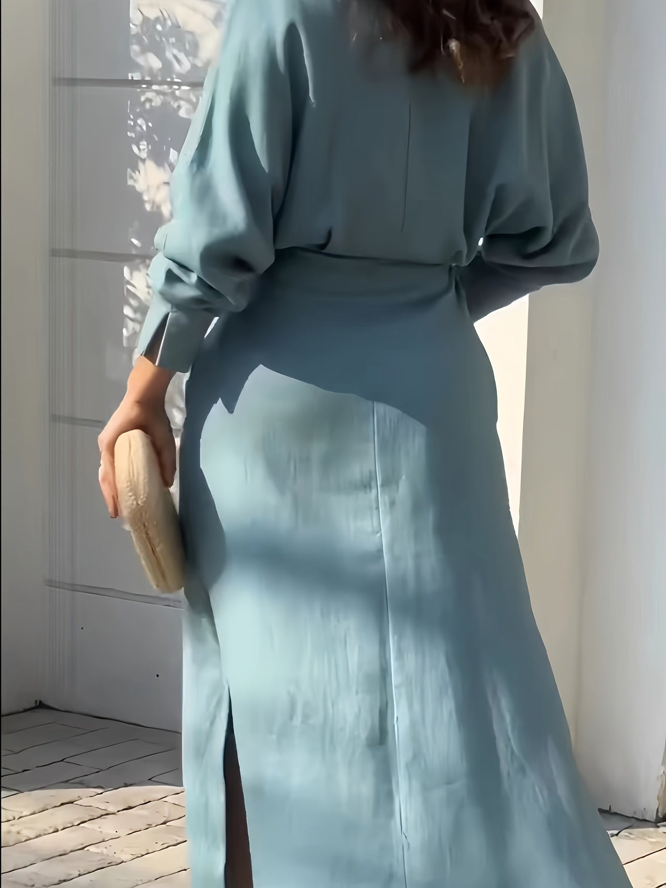 Antmvs Solid Long Sleeve Lapel Dress, Elegant Plunge Neck Dress For Spring & Fall, Women's Clothing