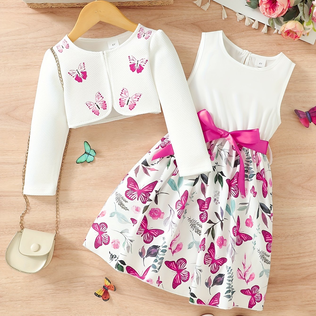 2pcs Little Girl Butterfly Dresses Outfit Floral Tank Dress And Graphic Cardigan Top Set, For Cute And Casual Look, Kids Clothing Gift