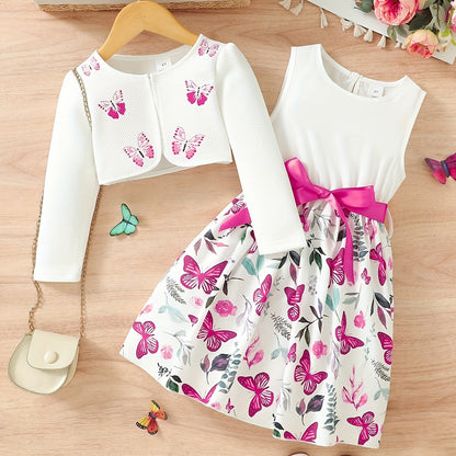 2pcs Little Girl Butterfly Dresses Outfit Floral Tank Dress And Graphic Cardigan Top Set, For Cute And Casual Look, Kids Clothing Gift