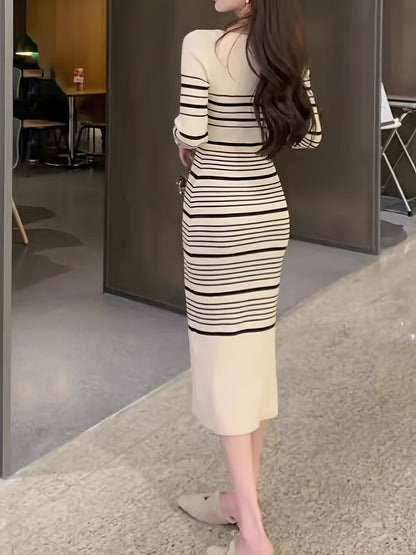 Antmvs Striped Print Knitted Slim Dress, Elegant Long Sleeve Dress, Women's Clothing