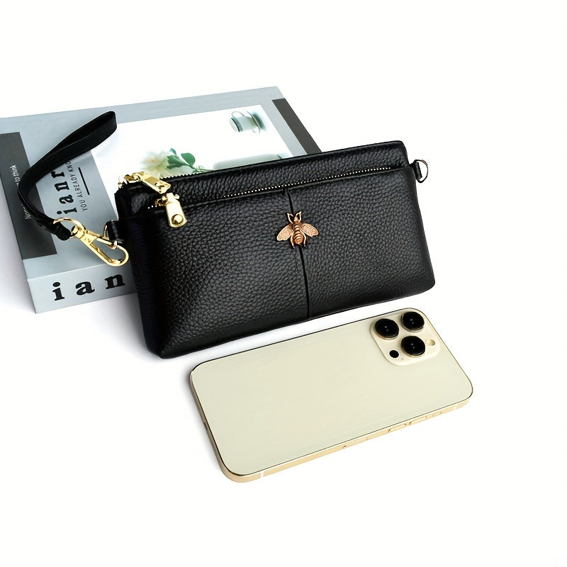 Luxury Bee Decor Clutch Bag, Fashion Multi Zipper Coin Purse, Women's Leather Wrist Phone Bag