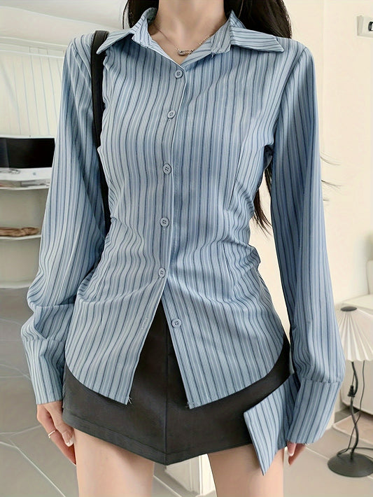 Antmvs Striped Print Button Front Shirt, Casual Long Sleeve Shirt For Spring & Fall, Women's Clothing