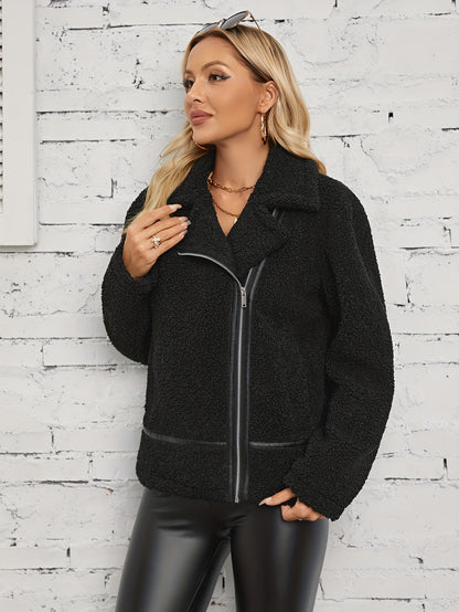 Antmvs Solid Zipper Lapel Teddy Coat, Versatile Long Sleeve Thermal Coat For Fall & Winter, Women's Clothing