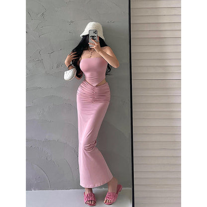 Antmvs Presila Solid Color Sleeveless Slim Bandeau Tube Top + Solid Color Pleated High V-Waist Back Slit Long Slim Skirt Matching Set