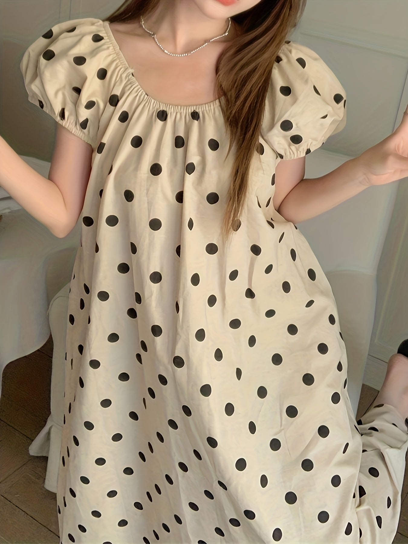 Antmvs Polka Dot Print Dress, Casual Puff Sleeve Midi Dress, Women's Clothing