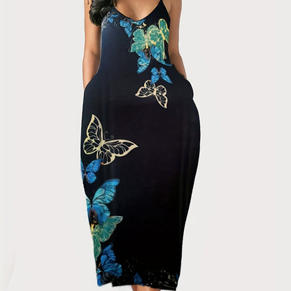 Antmvs Plus Size Casual Dress, Women's Plus Butterfly Print V Neck Slight Stretch Cami Maxi Dress