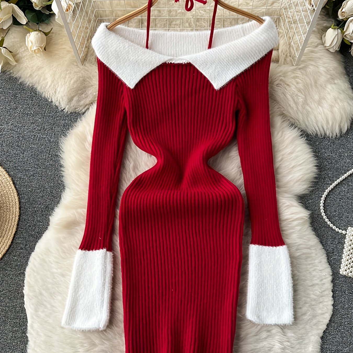 Antmvs Contrast Trim Halter Neck Dress, Elegant Sweater Bodycon Dress For Spring & Fall, Women's Clothing