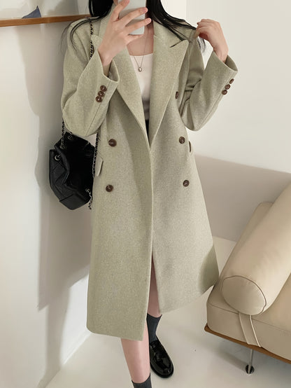 Antmvs Solid Color Double-breasted Coat, Casual Long Sleeve Lapel Coat For Fall & Winter, Women's Clothing