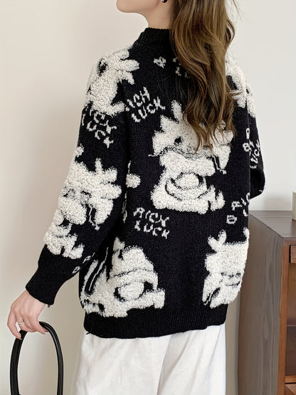 Antmvs Dragon Pattern Crew Neck Pullover Sweater, Cute Long Sleeve Fall Winter Sweater, Women's Clothing