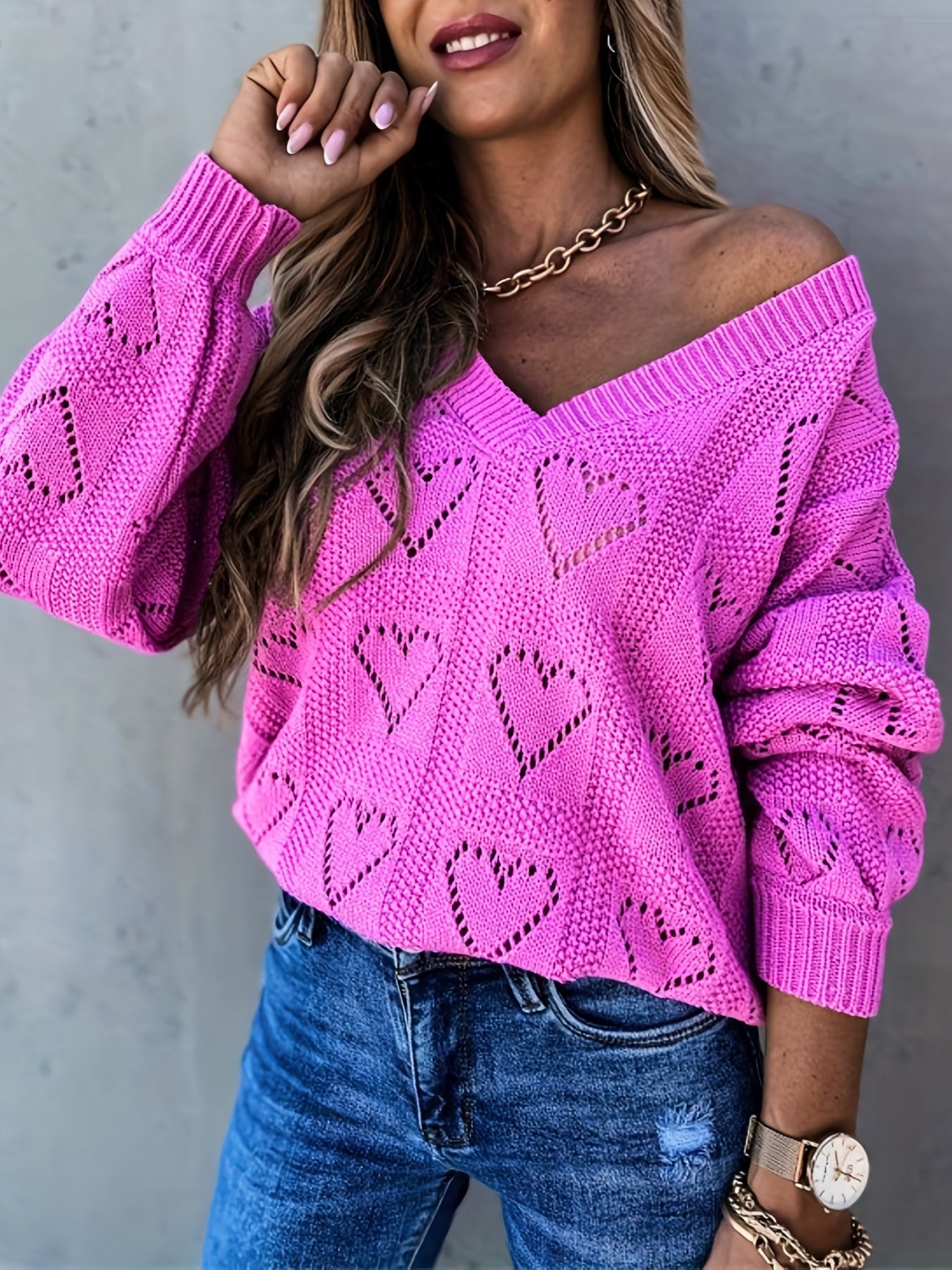 Antmvs Heart Pattern Cut Out V Neck Sweater, Casual Long Sleeve Sweater For Fall & Winter, Women's Clothing