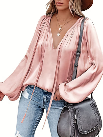 Antmvs  Lantern Long Sleeve Satin Blouse, Elegant V Neck Tops For Spring & Summer, Women's Clothing