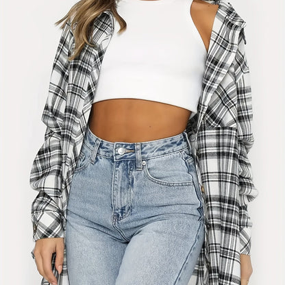 Antmvs Plaid Print Classic Shirt, Casual Button Front Long Sleeve Shirt With A Collar, Women's Clothing