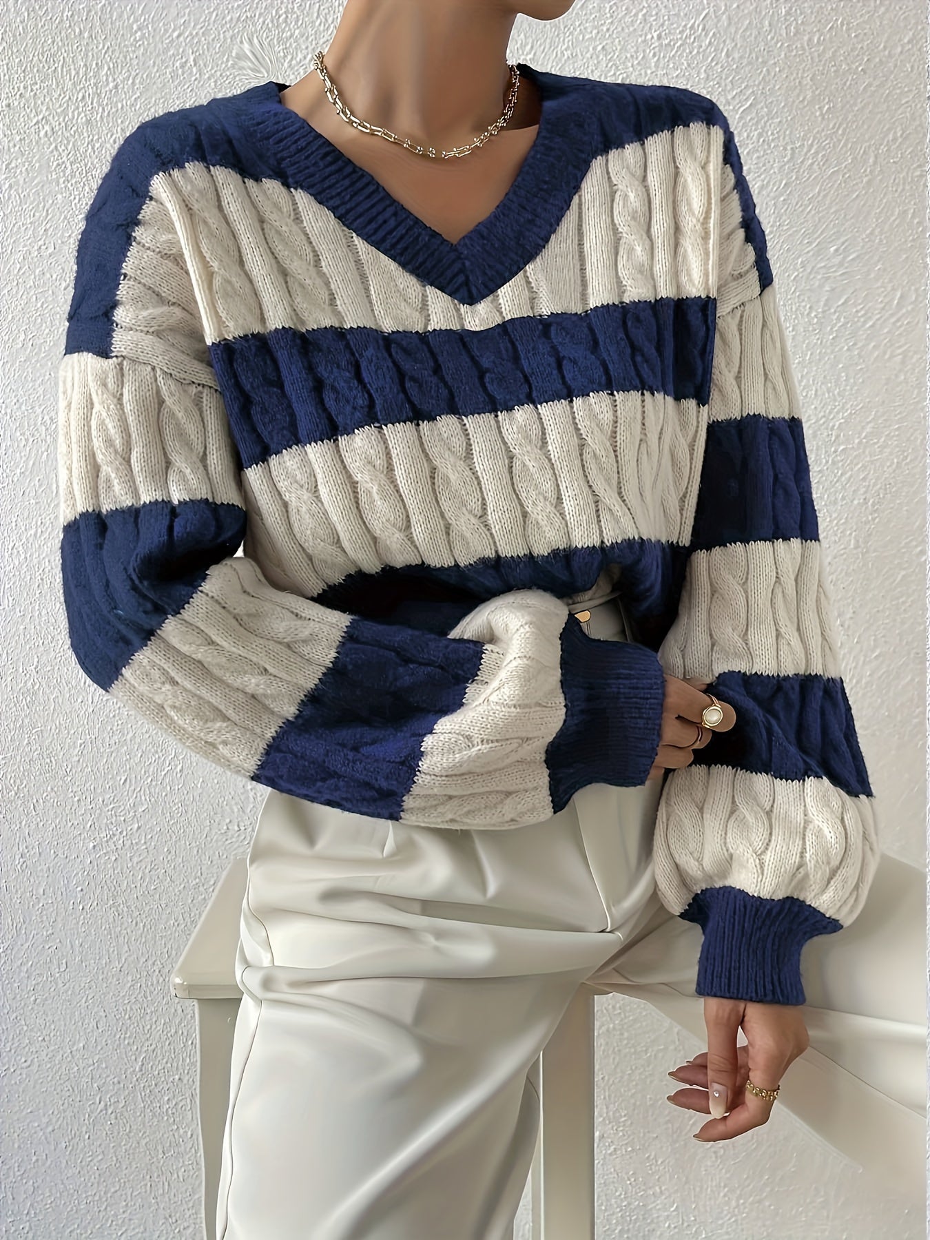 Antmvs Color Block Drop Shoulder Sweater, Casual Long Sleeve Sweater For Fall & Winter, Women's Clothing