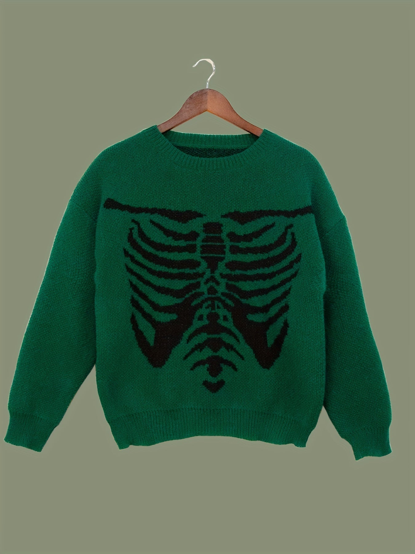 Antmvs Skeleton Pattern Drop Shoulder Sweater, Casual Long Sleeve Crew Neck Sweater For Fall & Winter, Women's Clothing