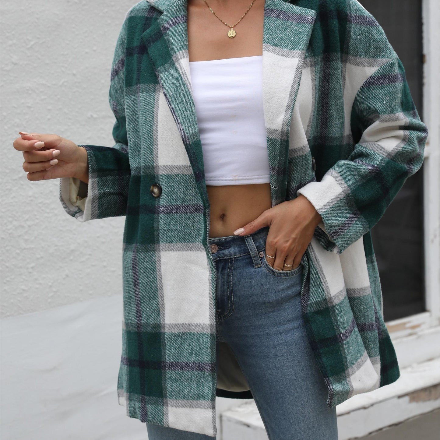 Antmvs Gingham Button Drop Shoulder Coat, Casual Long Sleeve Fashion Loose Plaid Outerwear, Women's Clothing
