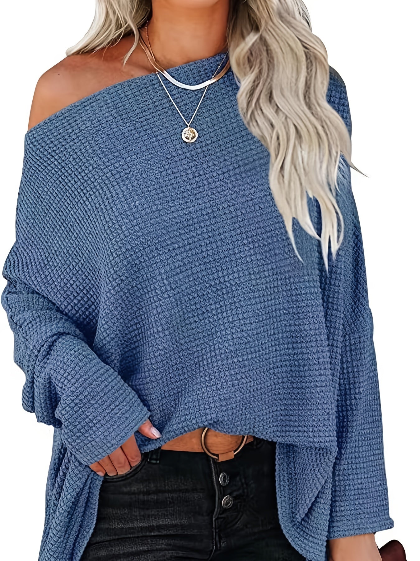 Antmvs Women's Casual Off Shoulder Bat Long Sleeve Waffle Knitted Oversized Pullover Sweater, Casual Tops For Fall & Winter, Women's Clothing