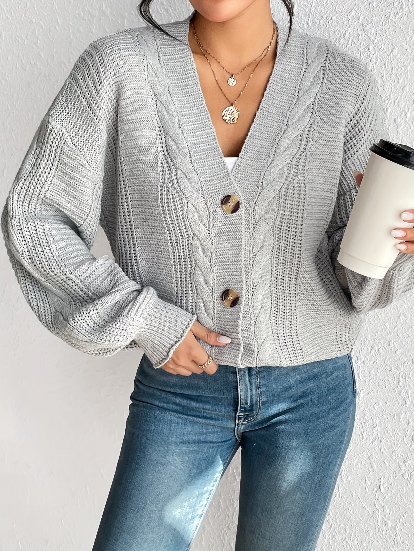 Antmvs Solid Button Down Cable Knit Cardigan, Casual Long Sleeve Drop Shoulder Sweater, Women's Clothing