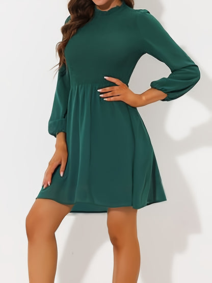 Antmvs Solid A-line Lantern Sleeve Dress, Casual Ruffle Trim Round Neck Dress For Spring & Fall, Women's Clothing