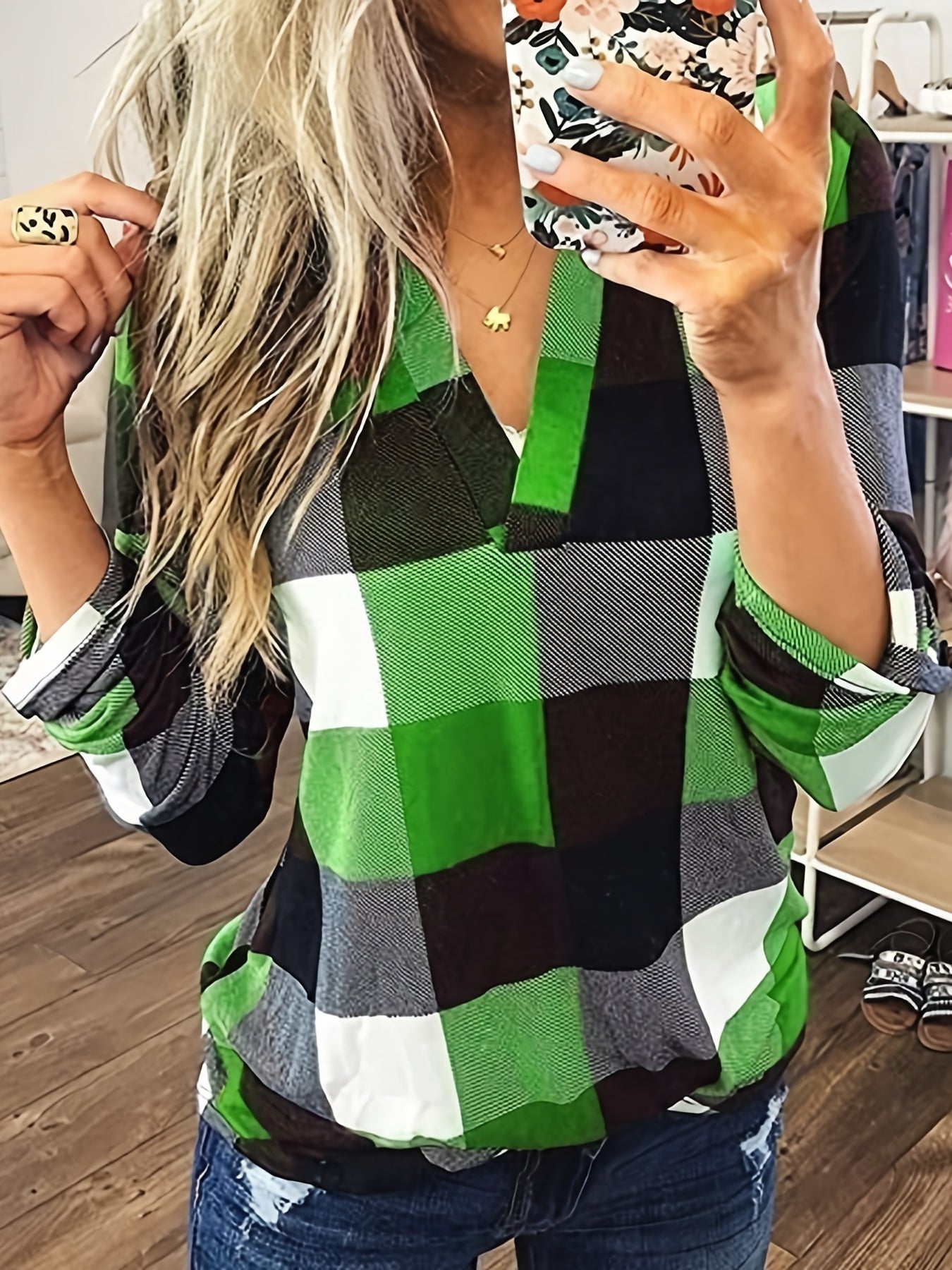 Antmvs  Casual Plaid Shirt, Long Sleeve V-neck Shirt,  Casual Every Day Tops, Women's Clothing