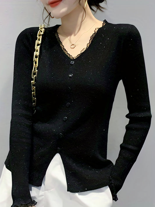 Antmvs Lace V Neck Button Front Knit Cardigan, Elegant Long Sleeve Slim Sweater, Women's Clothing