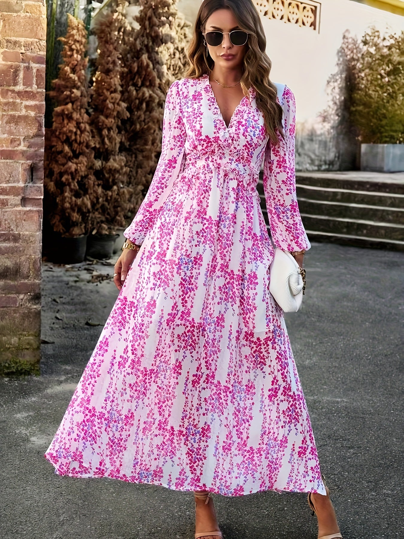 Antmvs Floral Print Maxi Dress, Casual V Neck Long Sleeve Dress, Women's Clothing