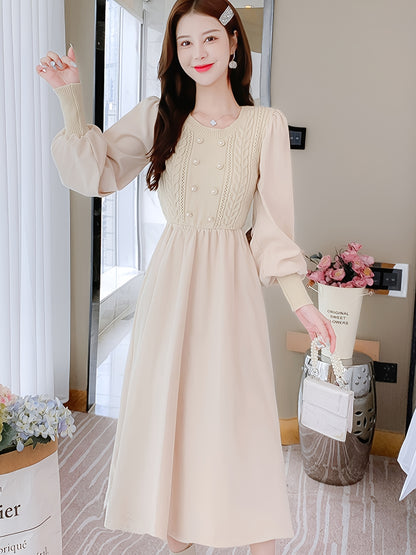 Antmvs Crew Neck Knitted Maxi Dress, Elegant Solid Color Button Long Sleeve Sweater A-line Dress For Fall & Winter, Women's Clothing