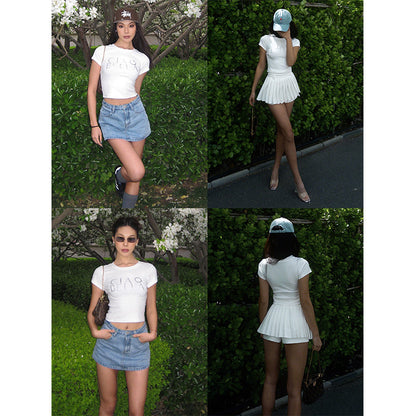 Antmvs CIAO BELLA Graphic Shimmer Letter Short Sleeve White Slim Cropped Top