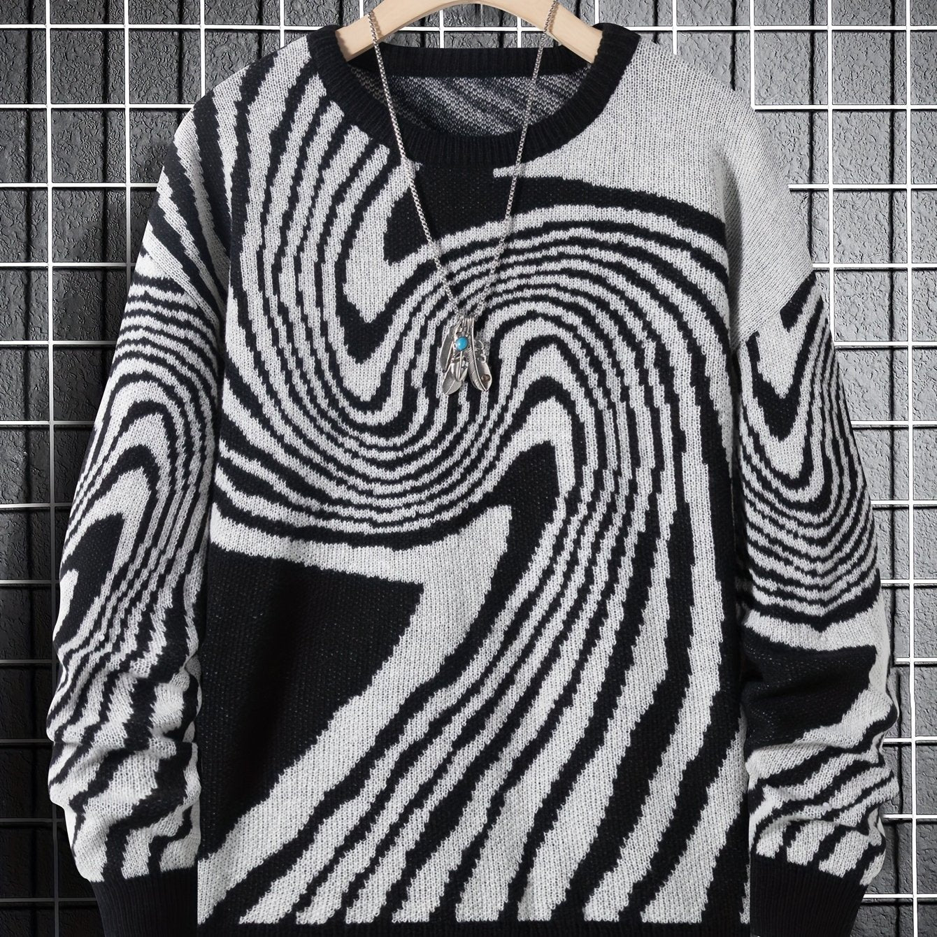 Antmvs Men's Fashion Abstract Graphic Knitted Sweater, Casual Slightly Stretch Breathable Long Sleeve Top For Outdoor Fall Winter