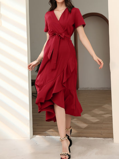 Antmvs Solid Ruffle Trim Dress, Elegant Surplice Neck Short Sleeve Maxi Dress, Women's Clothing