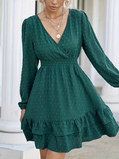 Antmvs Swiss Dot Layered Dress, Elegant V Neck Long Sleeve Shirred Waist Dress, Women's Clothing