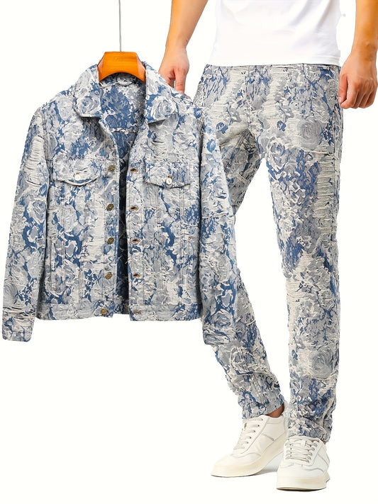 Antmvs Men's Jacquard 2pcs, Trendy Lapel Long Sleeve Jacket And Straight Leg Stylish Pants For Spring And Autumn