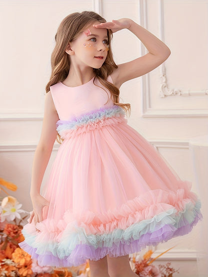 Toddler Girl Rainbow Colorful Gauze Sleeveless Puffy Princess Dress, Kids Party Catwalk Piano Performance Formal Dress