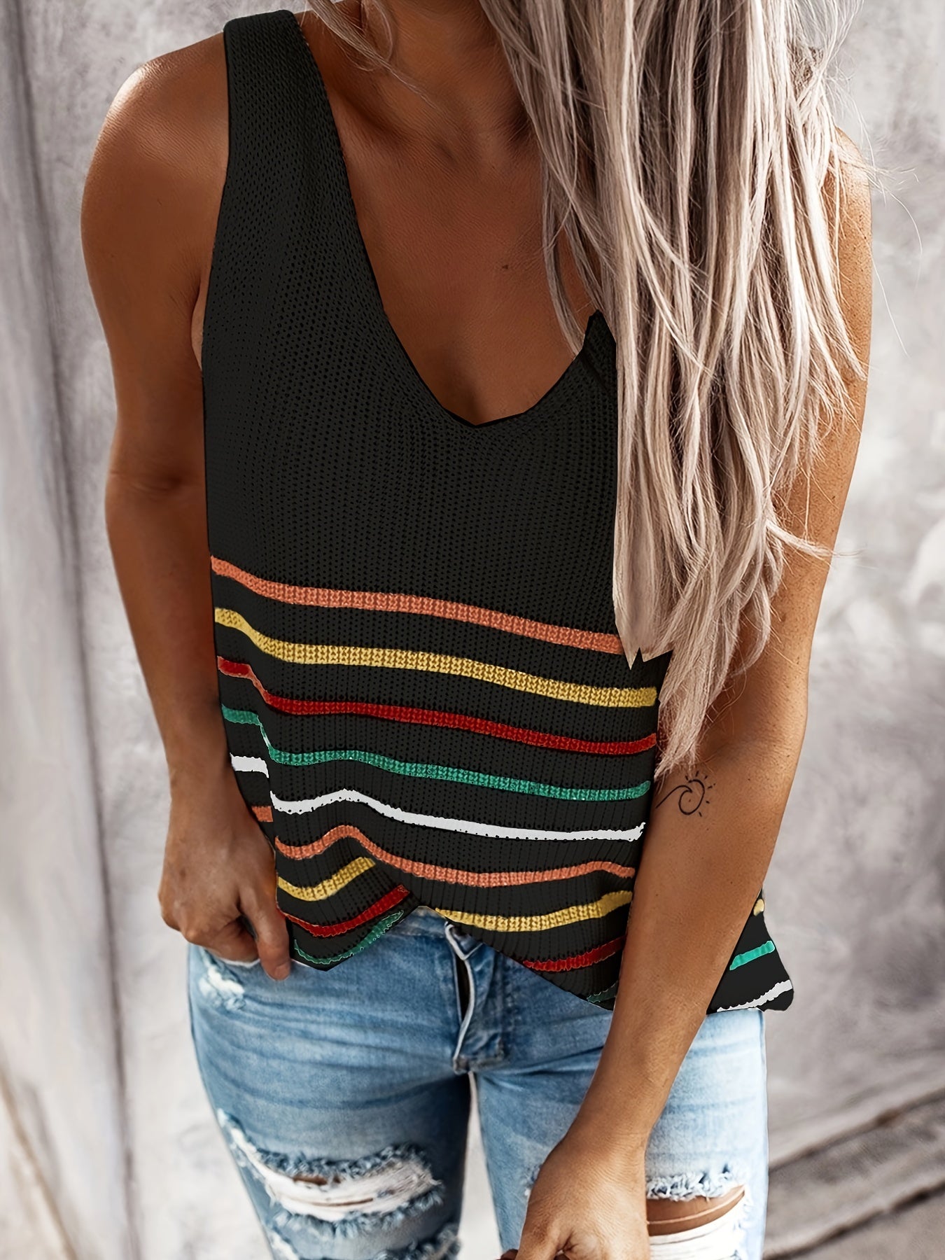 Antmvs Striped Print Knit Top, Vacation V Neck Summer Sleeveless Top, Women's Clothing