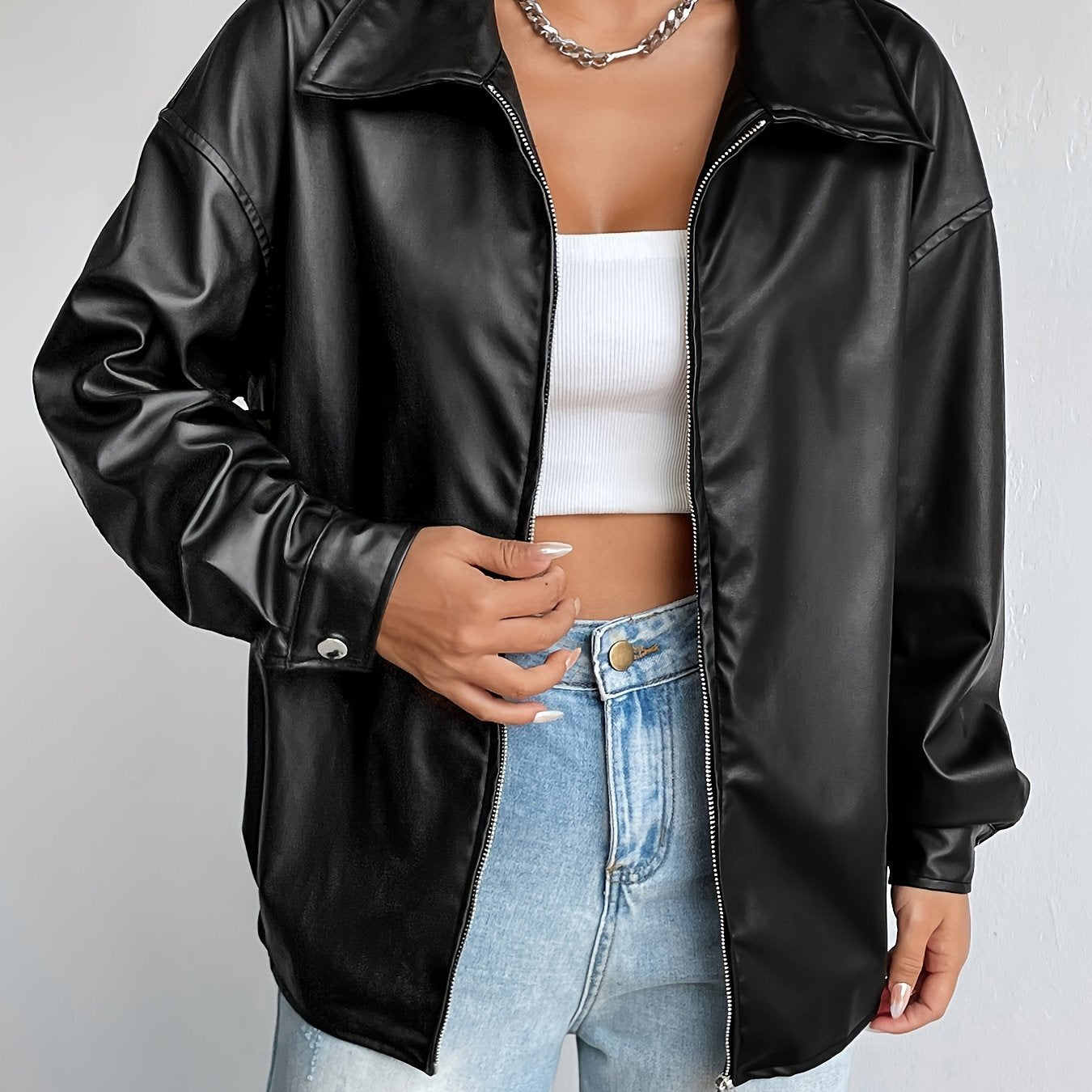 Antmvs Solid Zipper Front PU Leather Jacket, Casual Y2K Long Sleeve Jacket For Spring & Fall, Women's Clothing