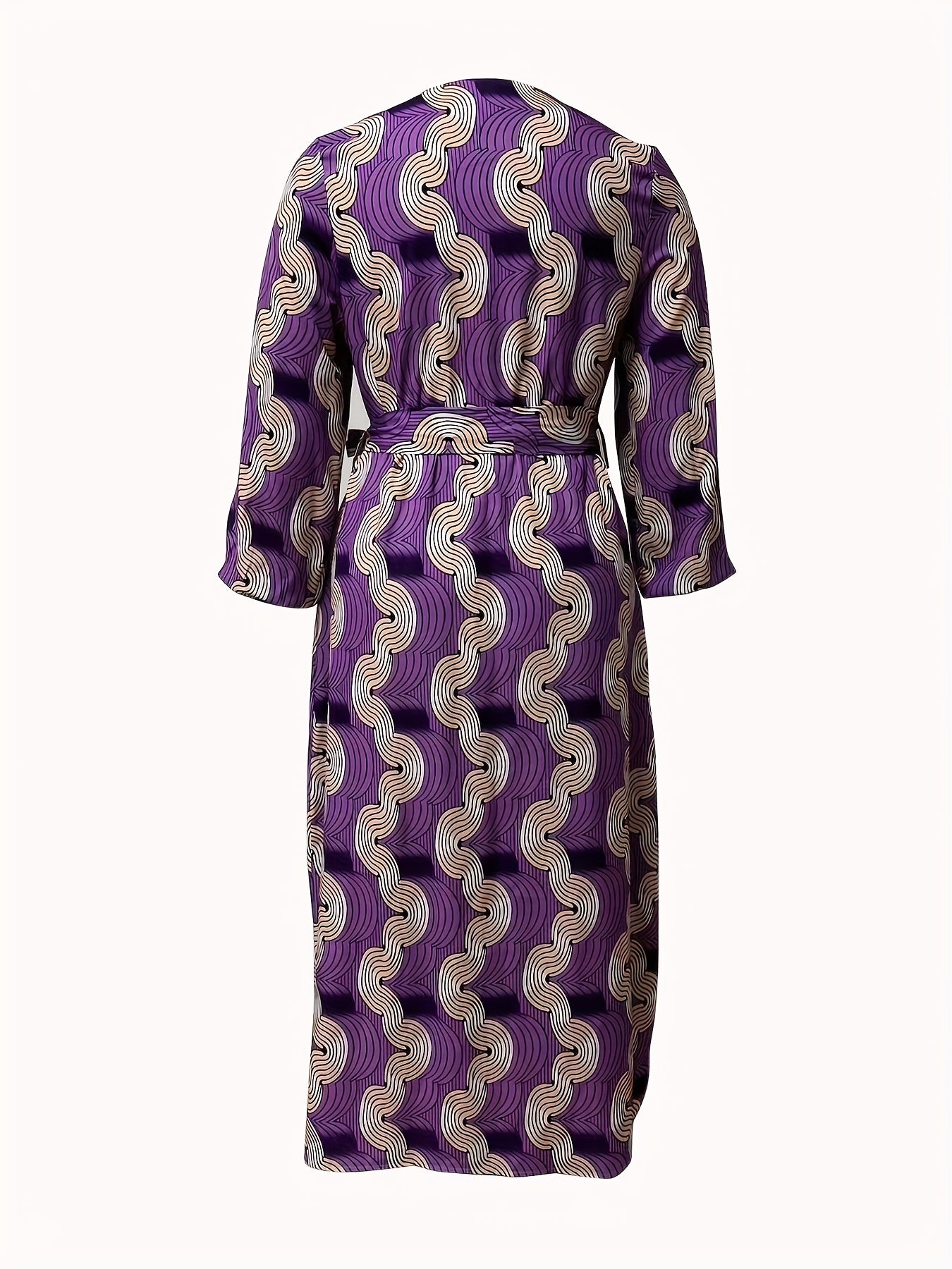 Antmvs Plus Size Sexy Dress, Women's Plus Allover Geometric Print Lantern Sleeve V Neck Maxi Dress With Belt