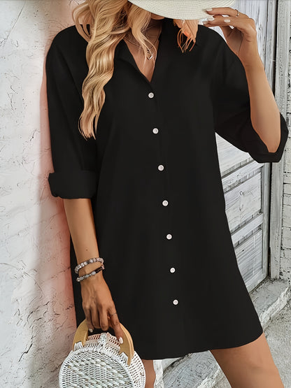 Antmvs Button Front Shirt Dress, Casual Solid Long Sleeve Dress, Women's Clothing