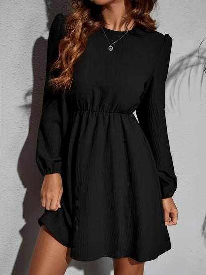 Antmvs Cinched Waist Solid Dress, Elegant Crew Neck Long Sleeve Dress, Women's Clothing