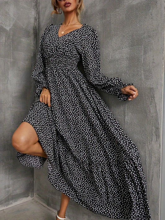 Antmvs Plus Size Casual Dress, Women's Plus Dot Print Flounce Sleeve Surplice Neck Shirred Nipped Waist Maxi Dress