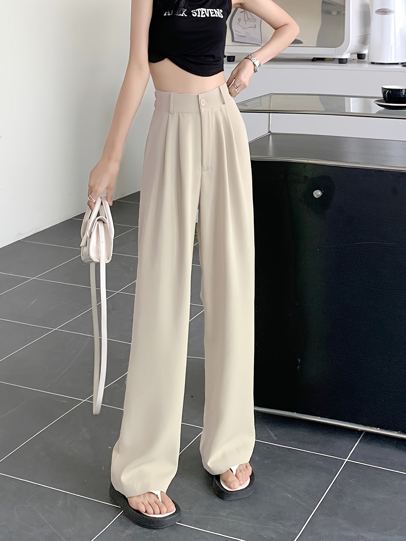 Antmvs Solid Draped Straight Leg Pants, Casual High Waist Loose Suit Pants, Women's Clothing
